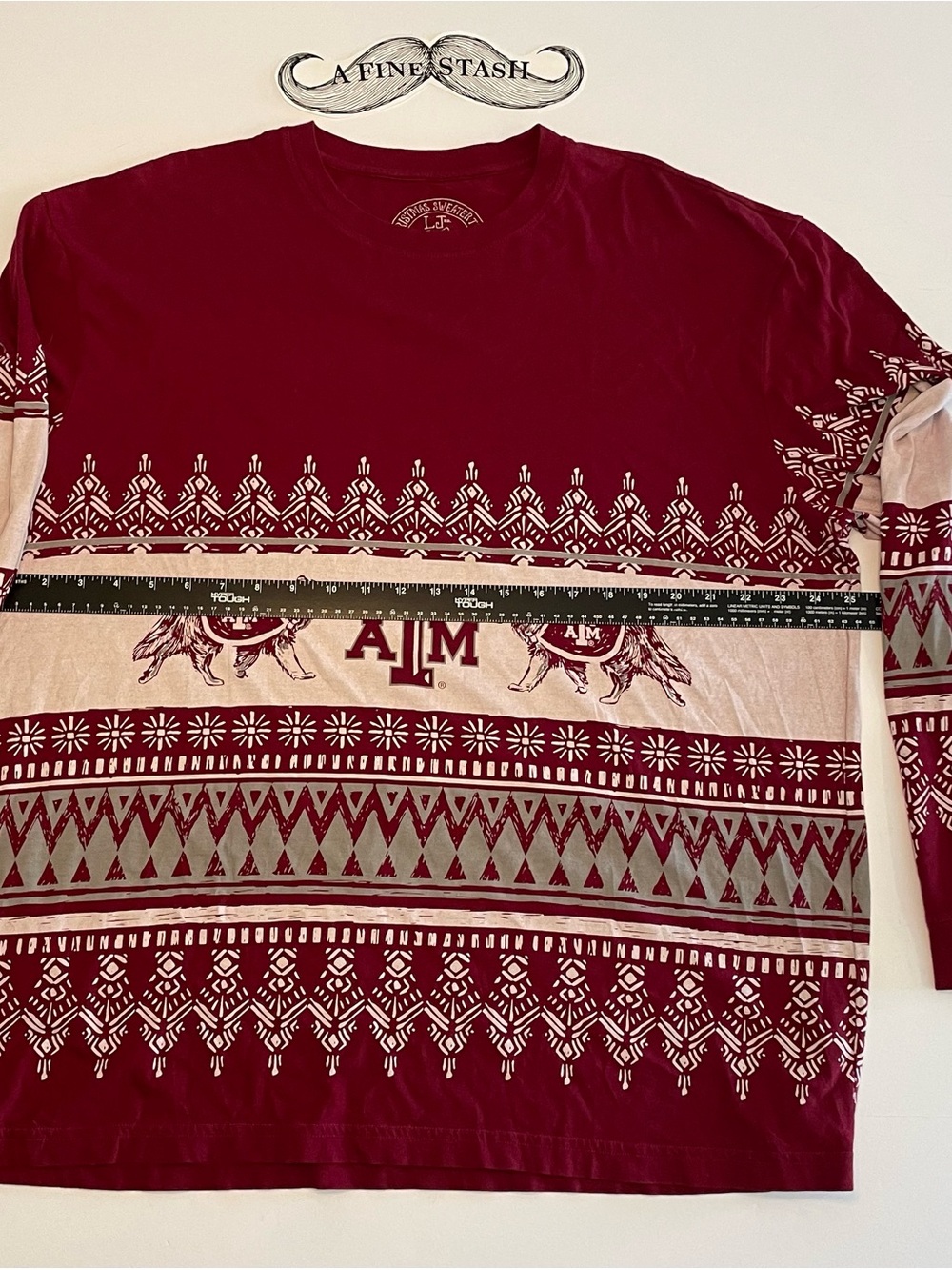 Lauren James Maroon Fair Isle Long Sleeve Tee with A&M Motif